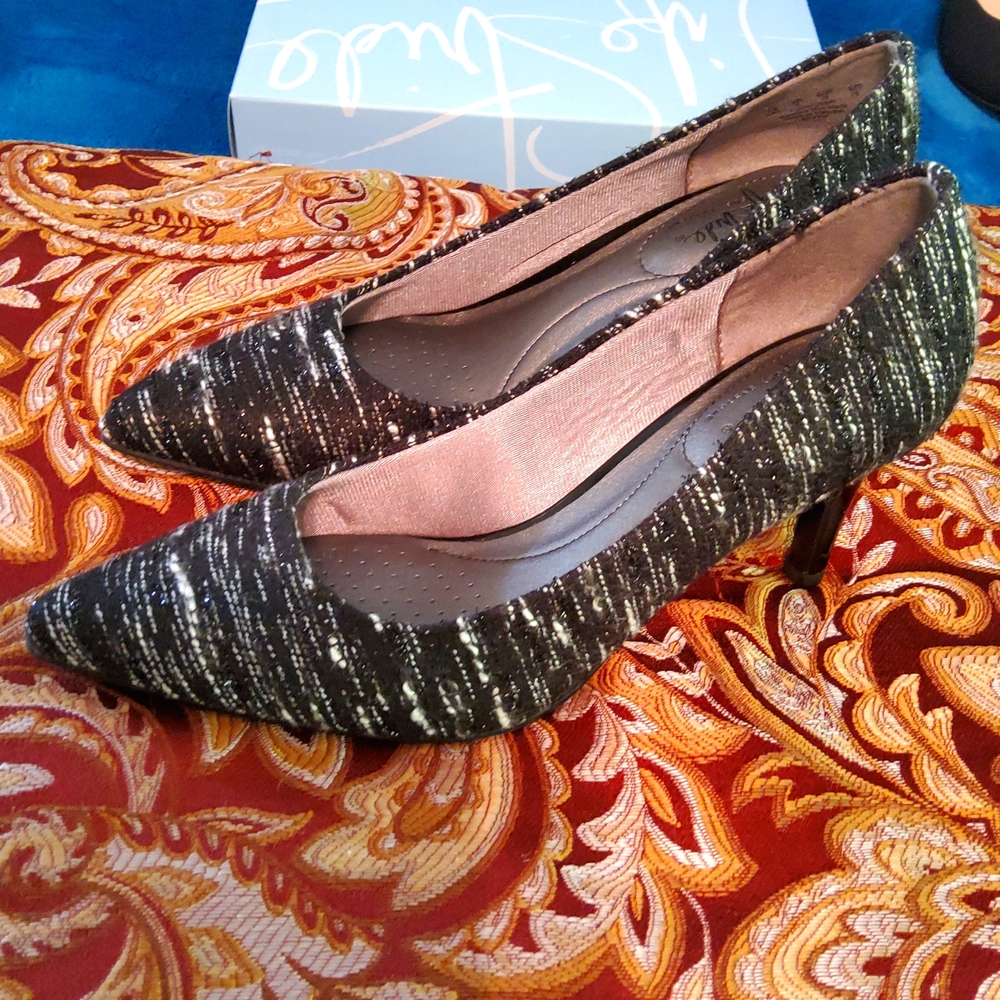 New life stride black white silver sparkle 3" heels
